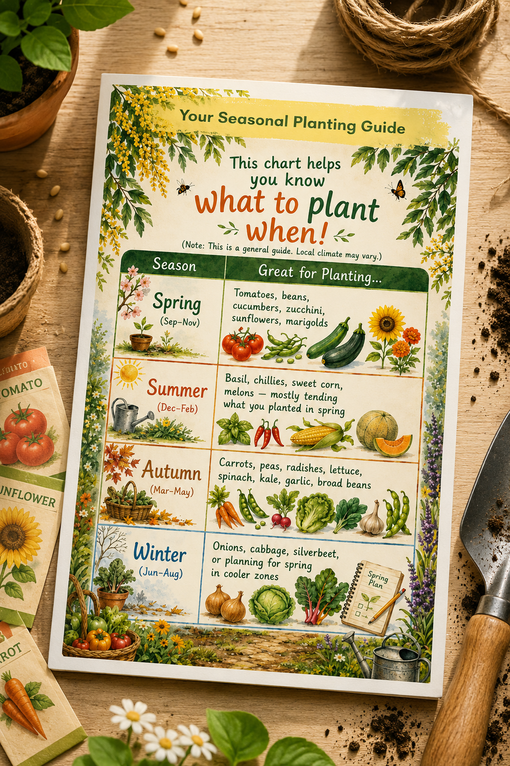 A printed seasonal planting guide card laid flat on a wooden surface, surrounded by gardening props including a knife, soil, seeds, and seed packets. The card features illustrated sections for spring, summer, autumn, and winter with vegetables and fruits suitable for each season.
