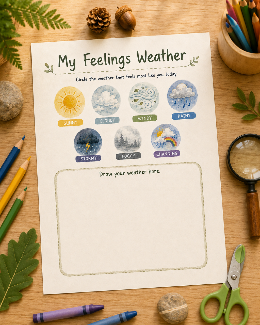My Feelings Weather activity page showing seven illustrated weather cards — sunny, cloudy, windy, rainy, stormy, foggy, and changing — for children to choose how they feel.