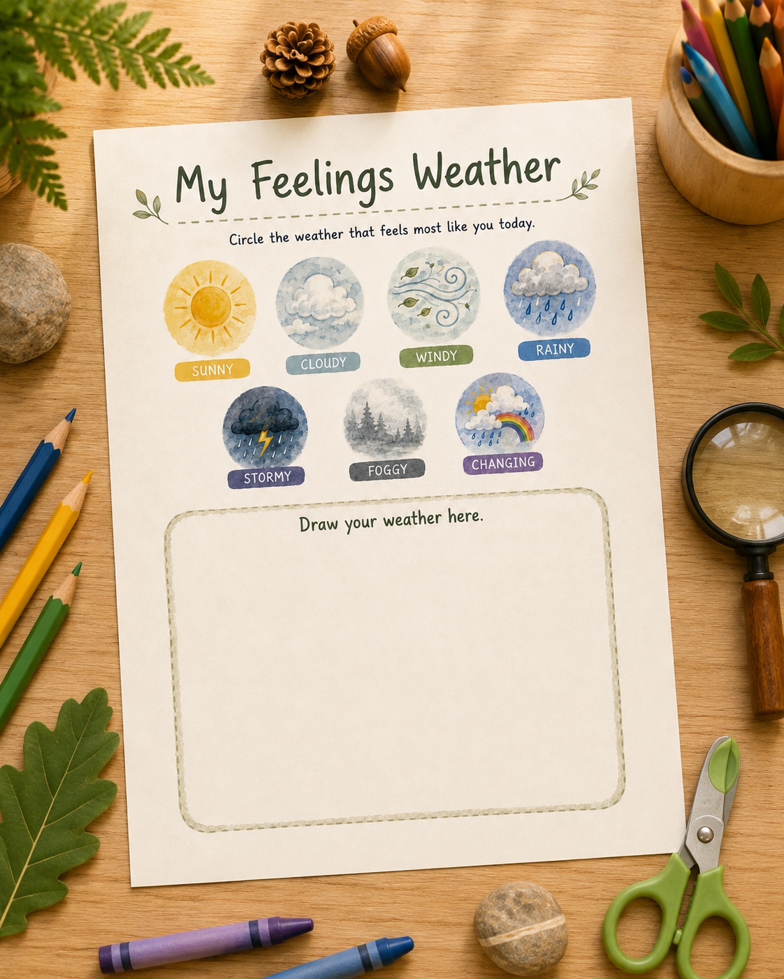 My Feelings Weather activity page showing seven illustrated weather cards — sunny, cloudy, windy, rainy, stormy, foggy, and changing — for children to choose how they feel.