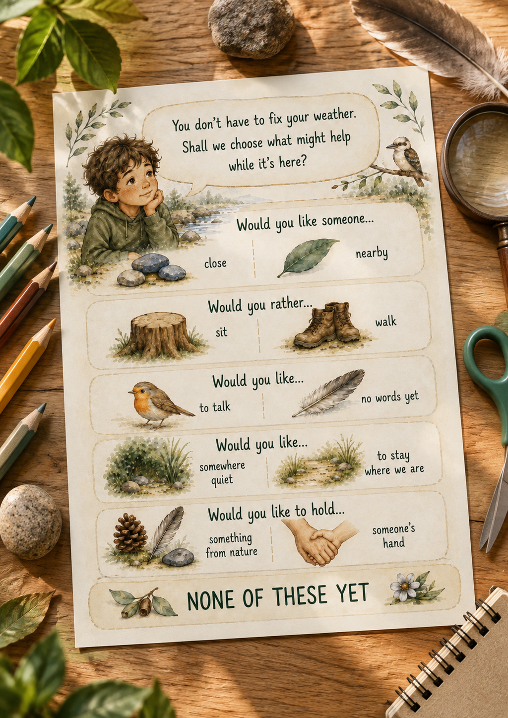 Support choices activity page where children pick what might help — someone close or nearby, sitting or walking, quiet time or talking.