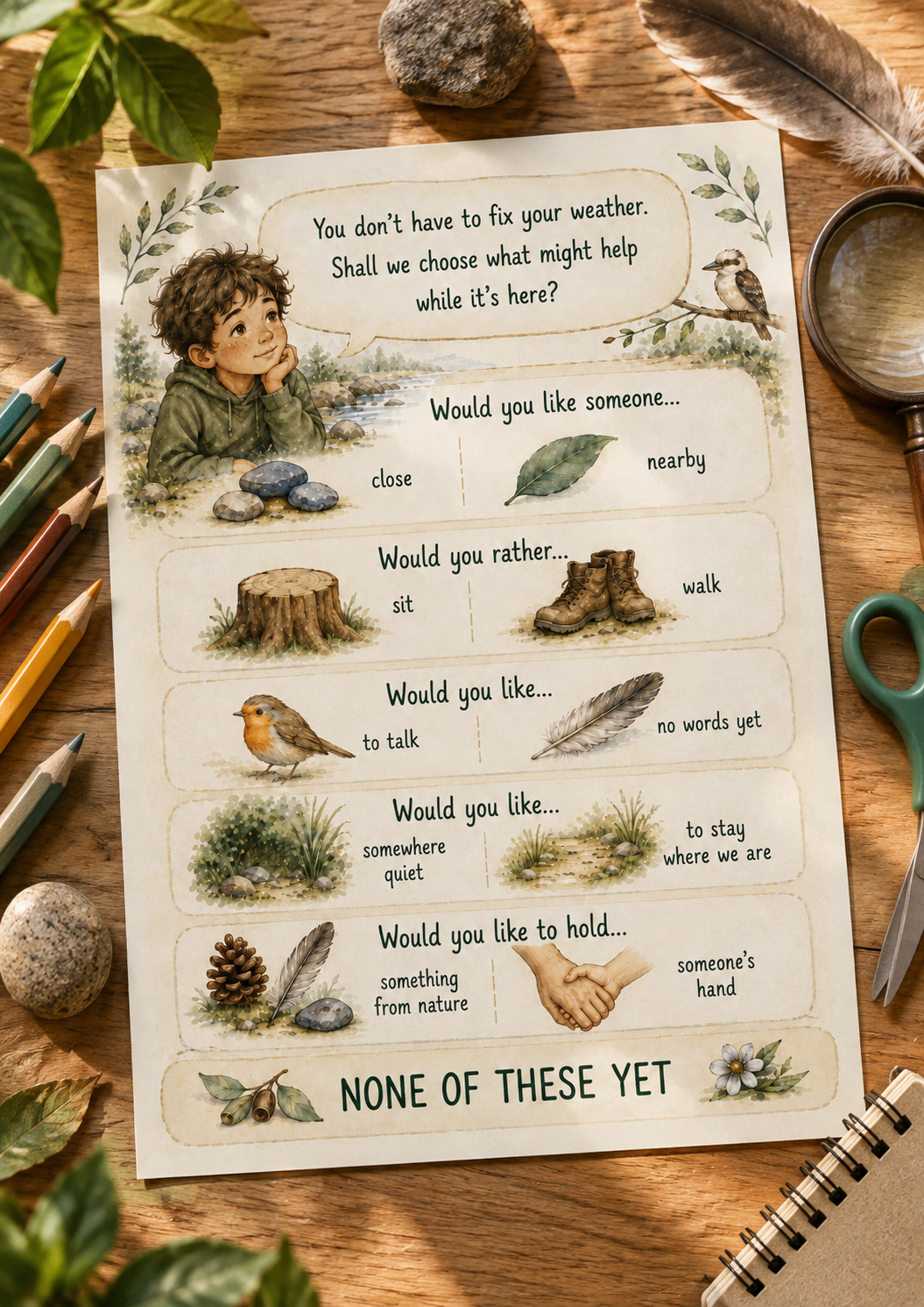 Support choices activity page where children pick what might help — someone close or nearby, sitting or walking, quiet time or talking.