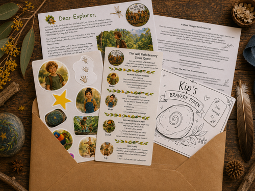 The Wild Path Meet the Crew Starter Pack with children's adventure letters, sticker sheets and activities displayed coming out of a kraft envelope.