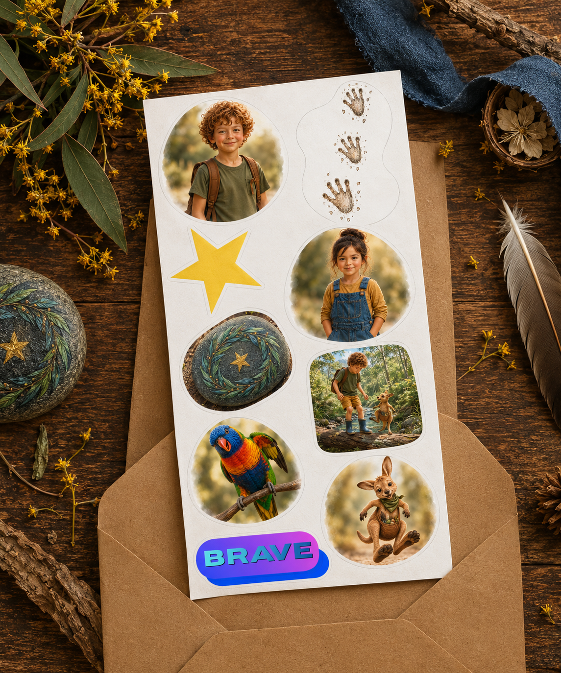 The Wild Path Meet the Crew character sticker sheet featuring Bodhi, Wren, Kip and Scout.