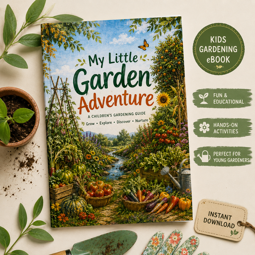 A children's gardening guide book titled 'My Little Garden Adventure' is shown flat on a light beige surface with gardening-themed props, including a small potted plant, soil, trowel, gloves, and a hanging 'Instant Download' tag. The right side also includes a green badge reading 'Kids Gardening eBook' and feature callouts: 'Fun & Educational,' 'Hands-On Activities,' and 'Perfect for Young Gardeners.