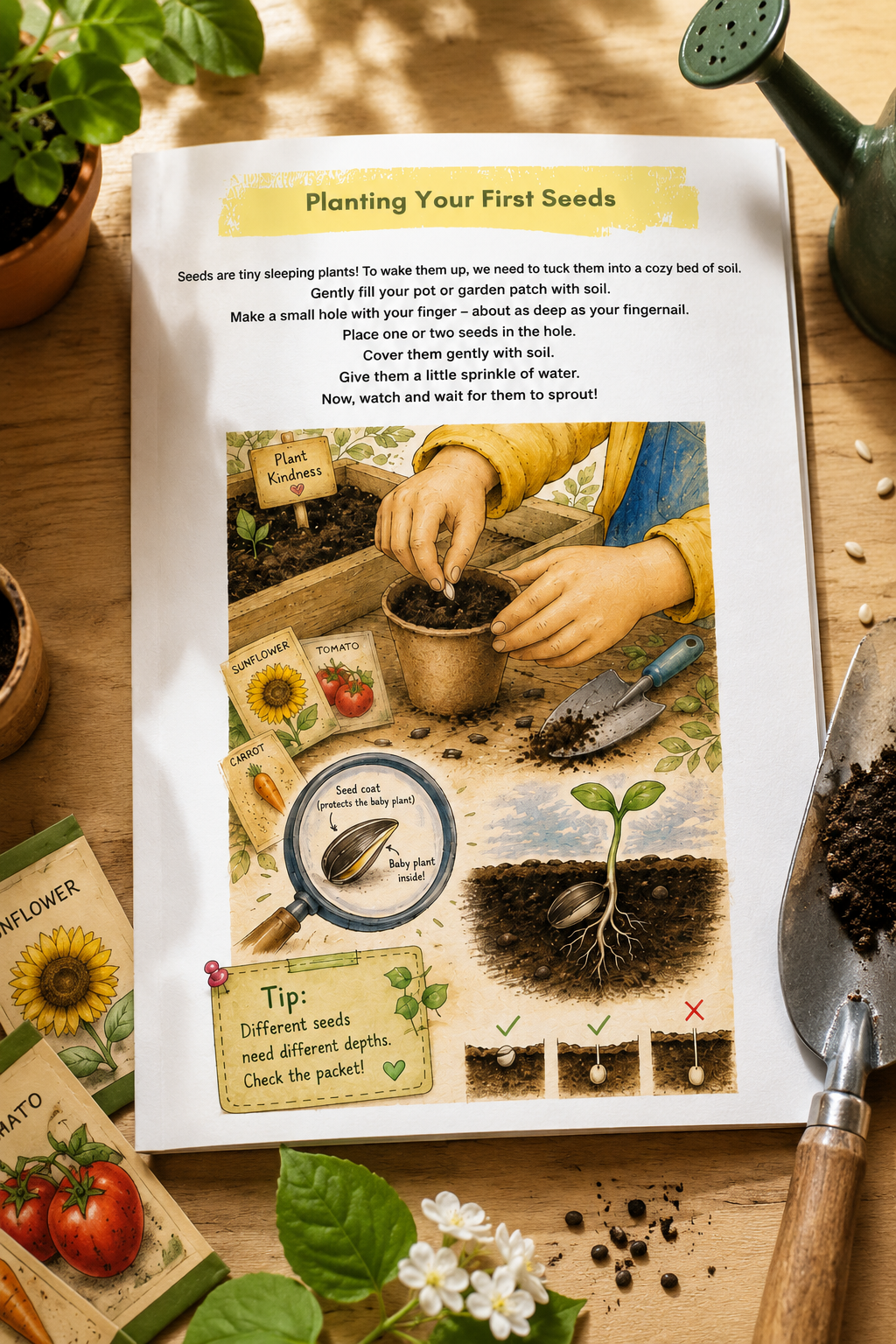 A printed gardening guide sheet titled 'Planting Your First Seeds' laid on a wooden surface, surrounded by a watering can, trowel, seeds, soil, and seed packets. The sheet includes instructional text, an illustration of planting, and small depth-check diagrams.